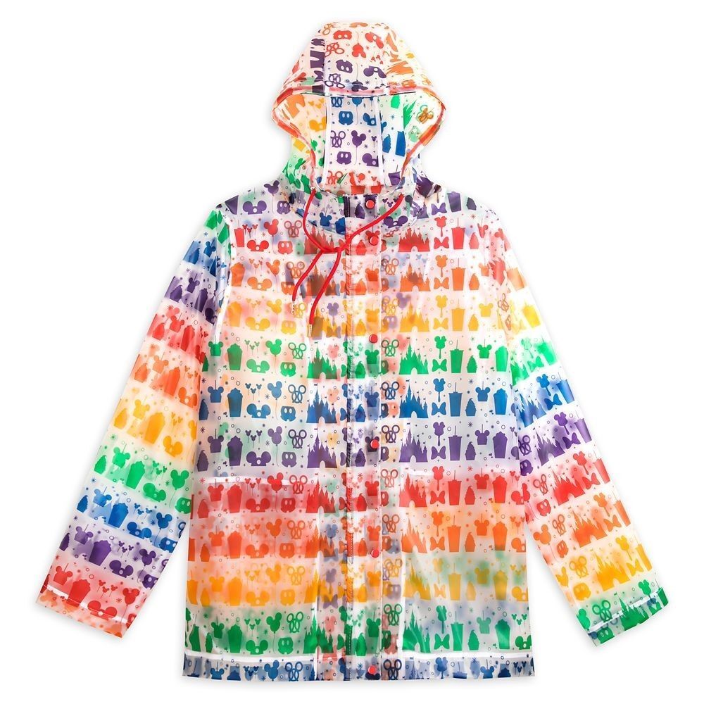 Disney Parks Hooded Rain Jacket Clear Rainbow Treats Castle Zip Coat LARGE